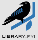 Image of a black bird on a blue branch with library.fyi in text below.