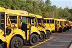 Buses parked in a lot.